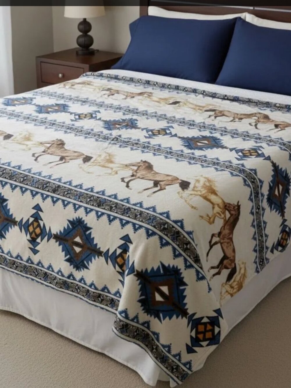 Horse Print Queen Southwest tribal Aztec Geometric Plush fleece Blanket